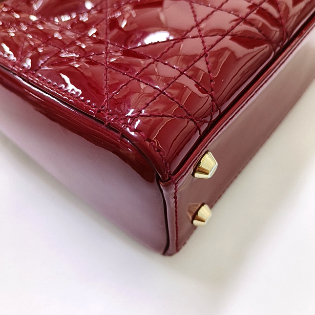 Lady Dior Mini Handbag Burgundy Red Patent Leather Gold-tone Chain Strap