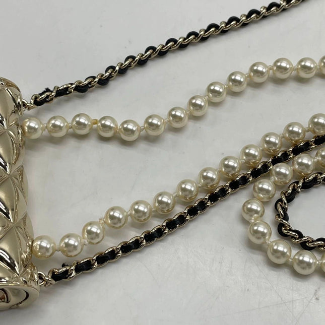 Chanel Micro Flap Bag Charm Chain Long Necklace with Matelasse and Pearl Chain 102cm