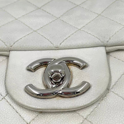 Chanel Classic Flap Maxi White Caviar Leather Silver-tone Hardware Giant CC Logo