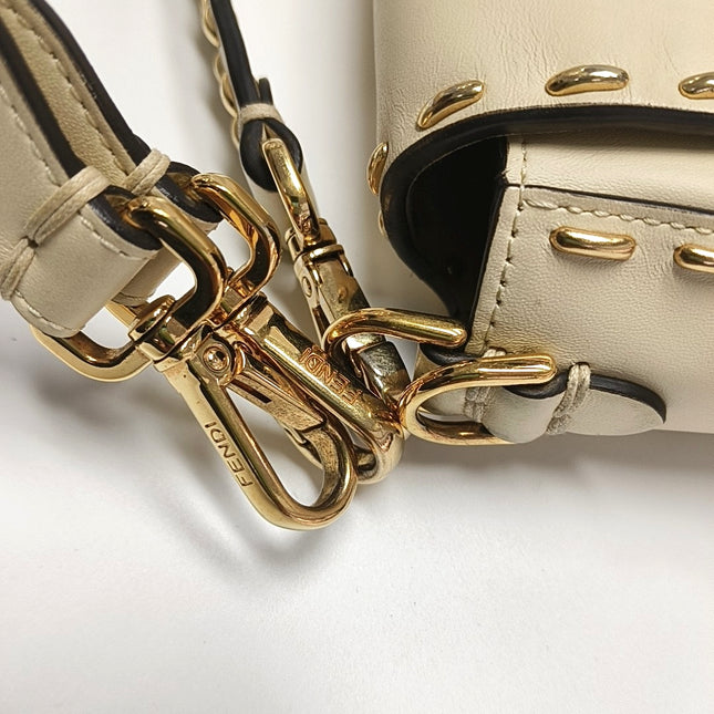 Fendi Baguette Selleria Medium White Calfskin Leather Gold Studs Crossbody Bag