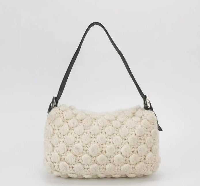 Sold Fendi Baguette Bag White Wool Pompom Shoulder Bag