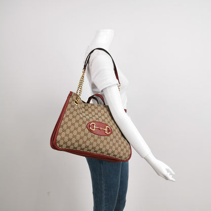 Gucci 1955 Horsebit Chain Tote Red Leather and Monogram Canvas