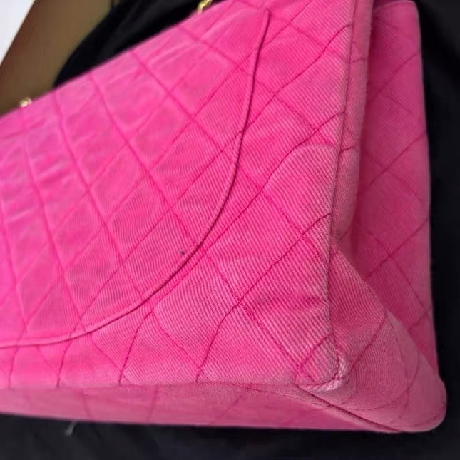 Chanel RARE Vintage Classic Maxi 34 Flap Hot Pink Denim Giant CC 24 Gold Hardware