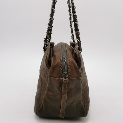 Chanel Brown Diamond Stitch Tote Calfskin Leather Zipper Bowler 2005-2006