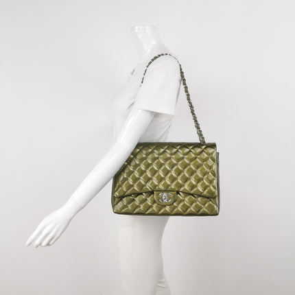 Chanel Classic Flap Maxi Metallic Green Patent Leather Double Flap Sliver Hardware 2012