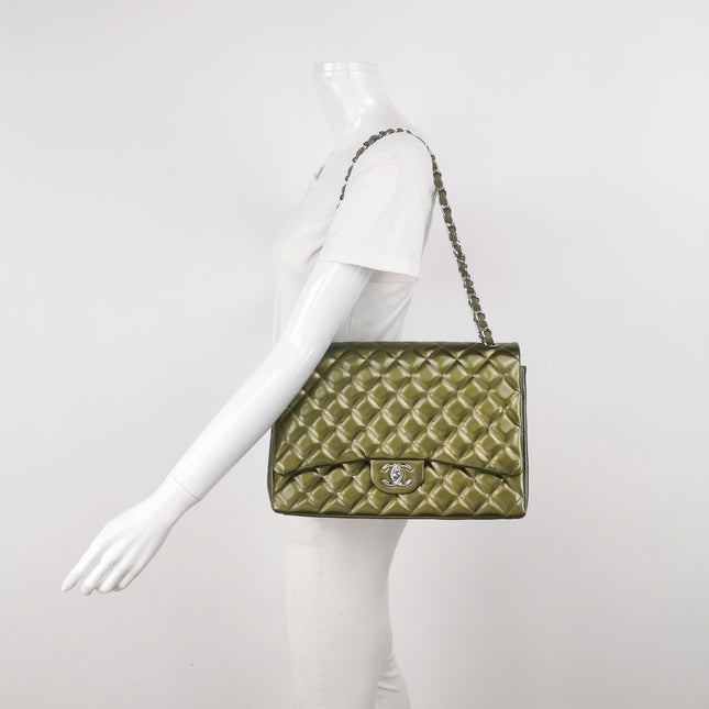 Chanel Classic Flap Maxi Metallic Green Patent Leather Double Flap Sliver Hardware 2012