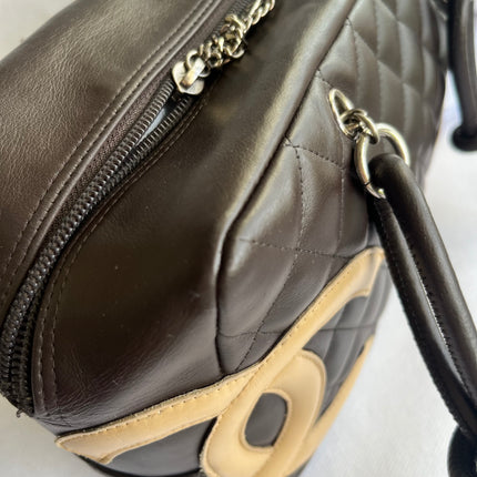 Chanel Cambon Medium Shoulder Bag Brown Calfskin Leather Snake-skin CC Logo Black Double Strap