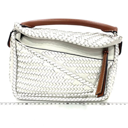 Loewe Puzzle Small Leather Woven Braided White Crossbody Bag