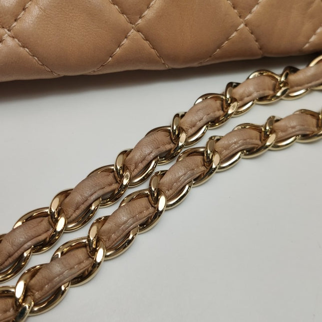 Chanel Classic Flap Maxi Beige Latte Lambskin Leather Giant Gold-tone CC Logo