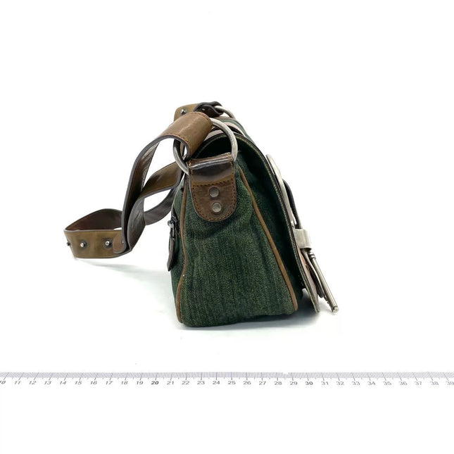 Dior Vintage Gaucho Mini Green Denim Brown Leather Crossbody Bag 2006