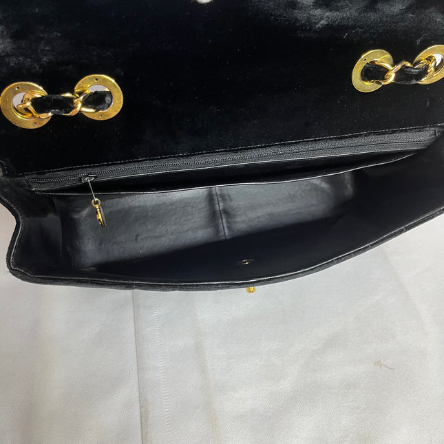 Chanel Classic Flap Maxi Black Velvet Leather Giant Gold CC Logo