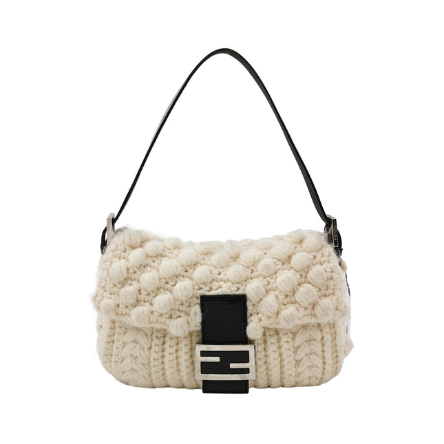 Fendi Baguette Bag White Crochet Knit Wool Pompom Shoulder Bag-Luxbags
