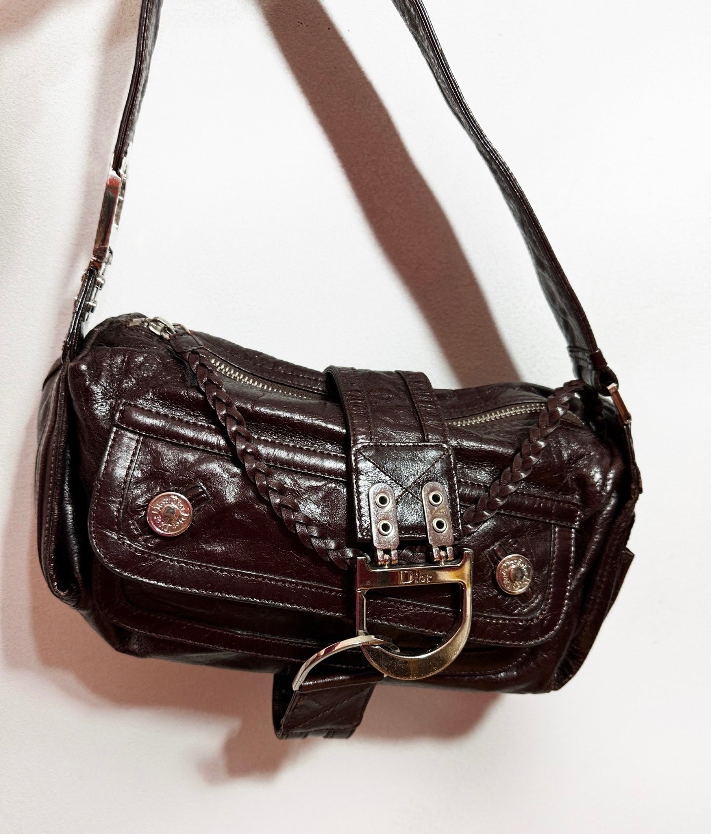 Dior Flight Medium Shoulder Bag Wine Burgundy Crumpled Patent Lambskin Leather-Luxbags