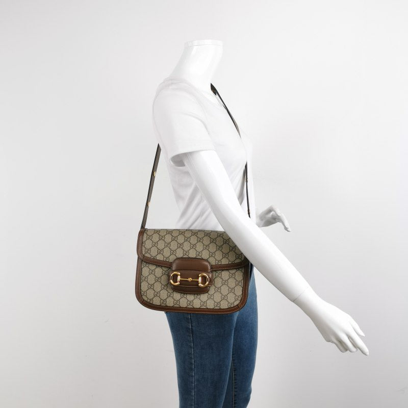 Gucci 1955 Horsebit Bag Small Brown Leather and GG Monogram Canvas