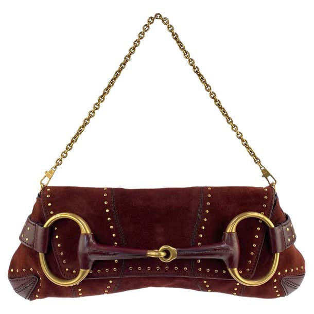 Sold Gucci Horsebit 1955 Chain Suede leather bag in Burgundy with gold studs-Luxbags