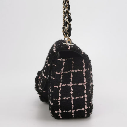 Chanel Mini Rectangular Tweed Flap Bag Black Pink Camellia Single Chain Crossbody