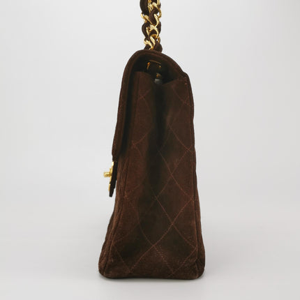 Chanel Classic Flap Maxi Chocolate Brown Suede Leather Giant Gold CC Logo