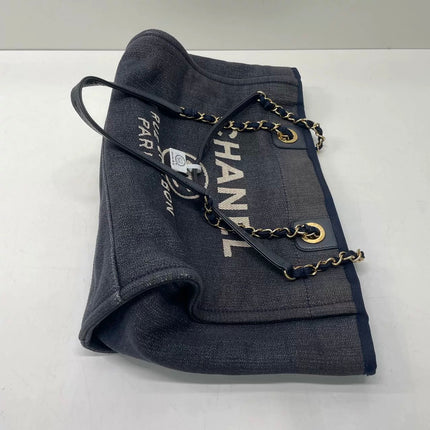 Chanel Deauville Tote Navy Denim Cloth Leather Chain Strap Small 34cm