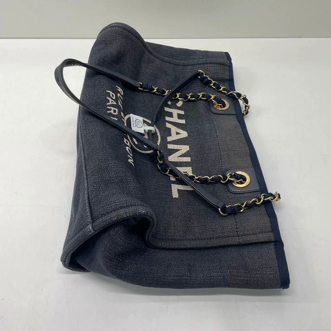 Chanel Deauville Tote Navy Denim Cloth Leather Chain Strap Small 34cm