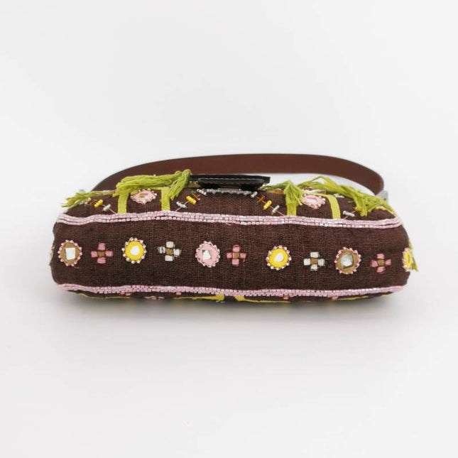 Fendi Baguette Vintage Brown Canvas with embroidery sequins mirrors and tassels