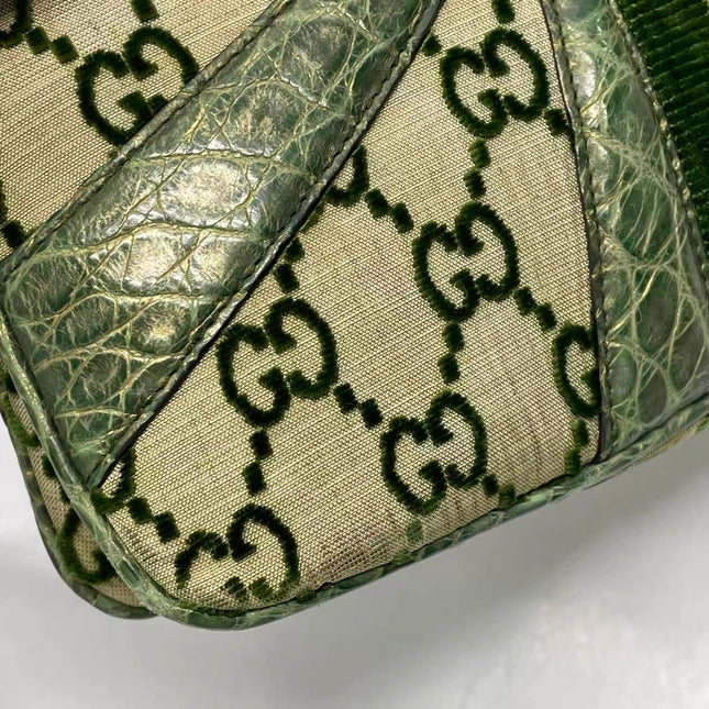 Gucci Jeweled Dragon Bag Green Crocodile and GG Velvet Bamboo Chain Strap Shoulder Bag