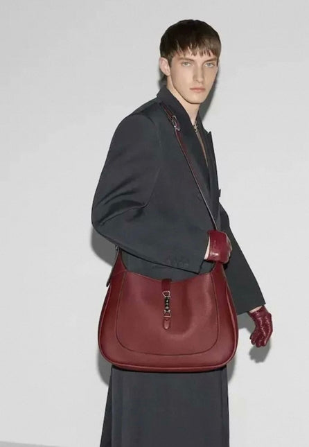 Gucci Jackie 1961 Burgundy Large Pebbled Leather Shoulder Bag with Strap