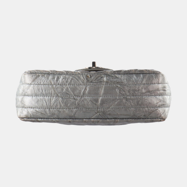 Chanel Classic Flap Mini Rectangular Patent Metallic Crumpled Calfskin Chevron Quilted Silver