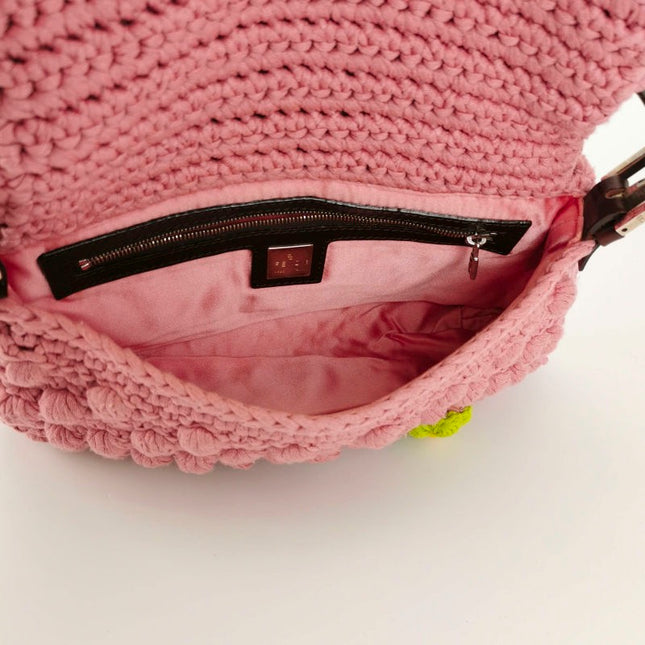 Fendi Baguette Bag Pink Crochet Knit Wool Pompom and Flowers Shoulder Bag