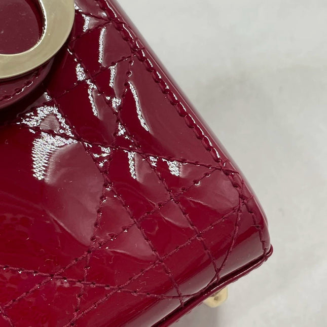 Lady Dior Mini Handbag Burgundy Red Patent Leather Gold-tone Chain Strap
