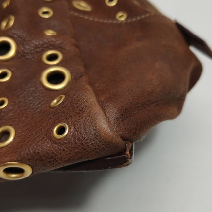 Prada Brown Grommet Calfskin Leather Gold Ringlet Shoulder Bag