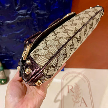 Sold Gucci Horsebit 1955 Chain Bag Gucci Monogram Iridescent Purple Leather and Gold Studs