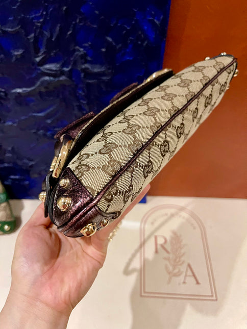 Sold Gucci Horsebit 1955 Chain Bag Gucci Monogram Iridescent Purple Leather and Gold Studs