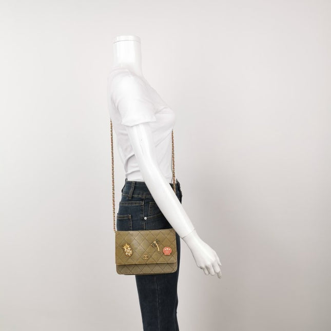 Chanel Wallet on Chain Khaki Quilted Canvas Coco Cuba Charms 2017