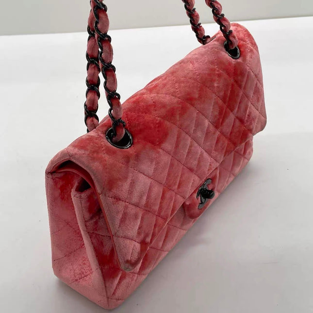 Chanel Classic Flap Medium Coral Orange Velvet Silver Hardware