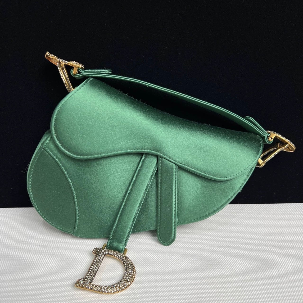 Dior Saddle Mini 2019 Silk Emerald Green with crystals-Luxbags