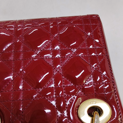 Lady Dior Mini Handbag Burgundy Red Patent Leather Gold-tone Chain Strap
