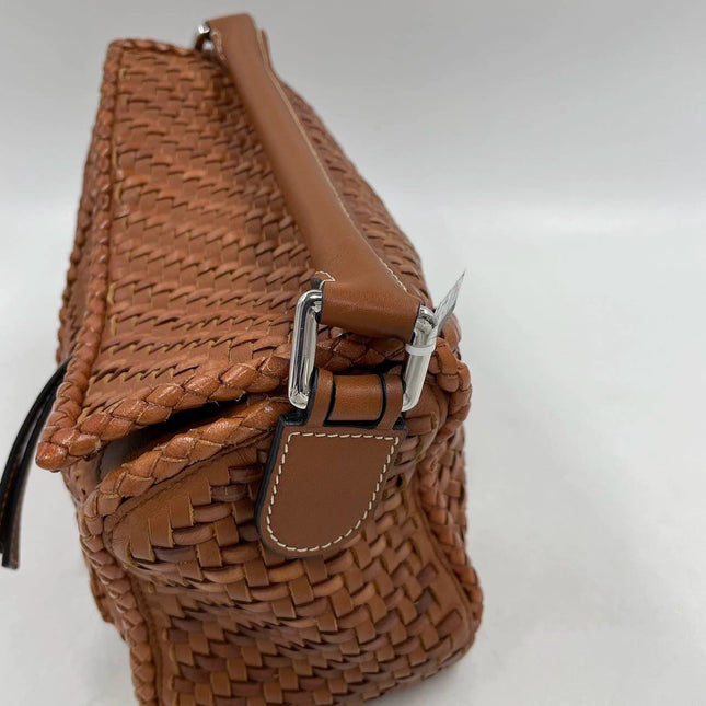 Loewe Puzzle Small Leather Woven Braided Caramel Tan Crossbody Bag