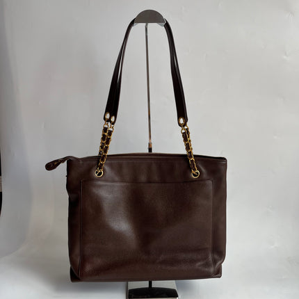 Chanel Vintage Front Pocket Tote Chocolate Brown Caviar Leather Double Gold Leather Chain