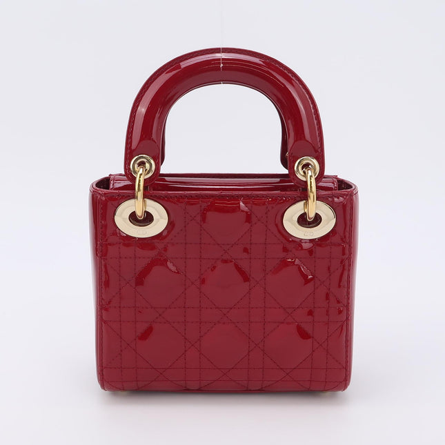 Lady Dior Mini Handbag Burgundy Red Patent Leather Gold-tone Chain Strap