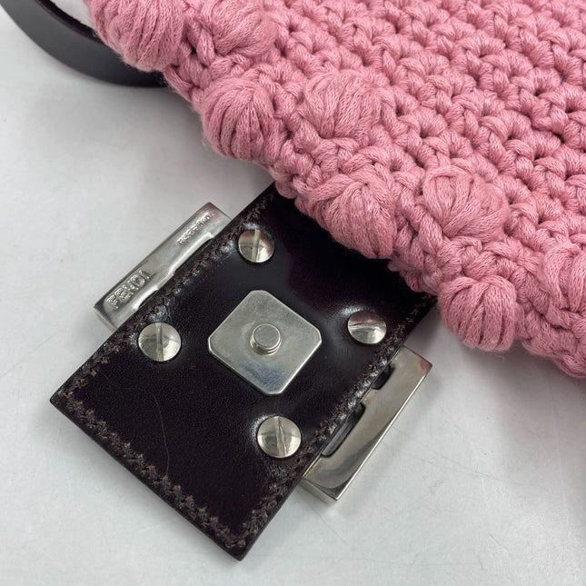 Sold Fendi Baguette Bag Pink Crochet Knit Wool Pompom Shoulder Bag