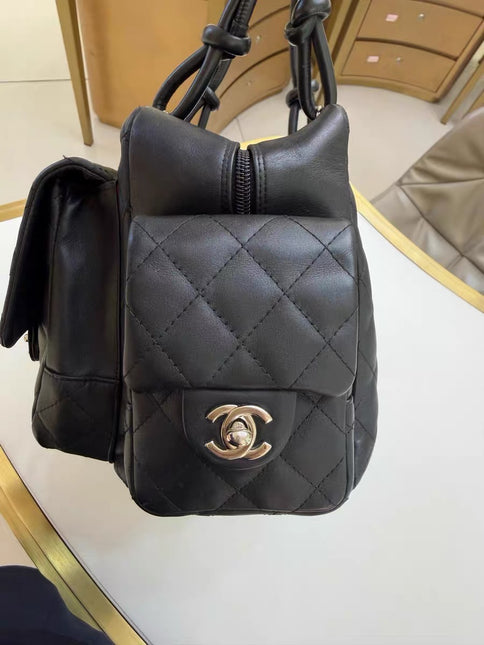 Chanel Cambon Multi-pocket Ligne Reporter Bag Large Black Calfskin Leather White Logo