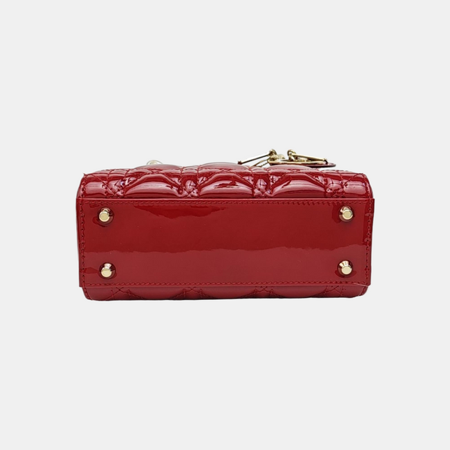 Lady Dior Mini 2021 Red Burgundy Patent Leather Gold Hardware Suede Interior Chain Strap