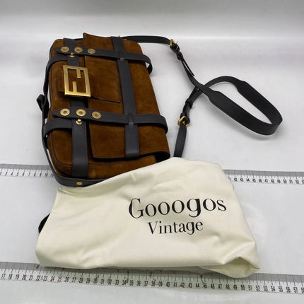 Fendi Baguette Brown Suede Leather Large Baguette Cage Removable Leather Belts