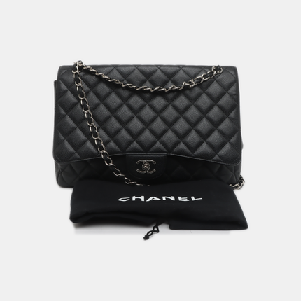 Chanel Classic Flap Maxi Black Caviar Leather Single Flap with Silver Hardware