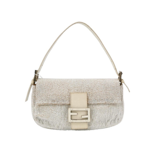 Fendi Baguette Vintage White Glitter Beads Brown Leather-Luxbags