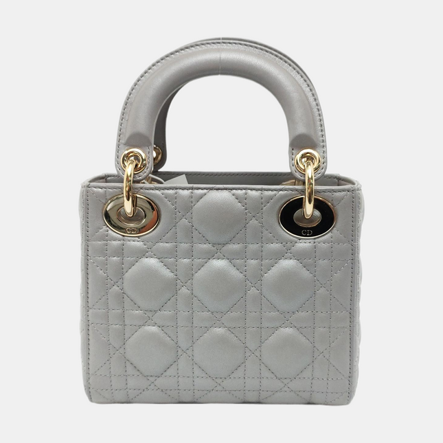 Lady Dior Mini Pearlescent Grey Cannage Lambskin Gold Hardware Chain Strap