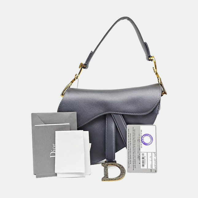 Dior Saddle Mini Silk Blue Grey with Crystal Embedded Buckles