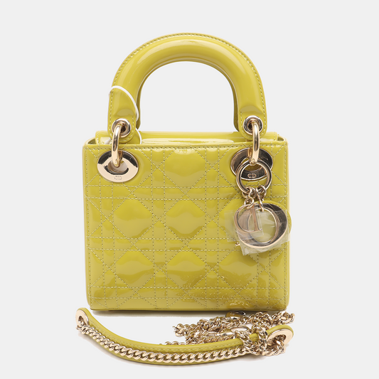 Lady Dior Mini Handbag Yellow Patent Leather Gold-tone Chain Strap-Luxbags