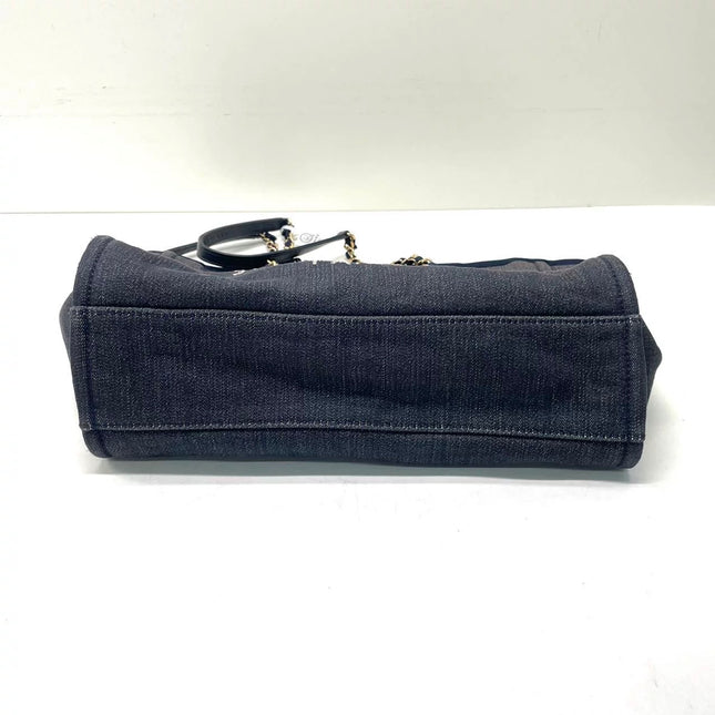 Chanel Deauville Tote Navy Denim Cloth Leather Chain Strap Small 34cm