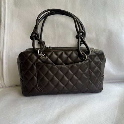 Chanel Cambon Medium Shoulder Bag Brown Calfskin Leather Snake-skin CC Logo Black Double Strap